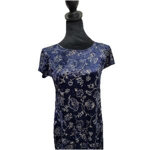 VTG Y2K Small Blue Velvet  Maxi Dress Gold Floral Detail Grunge Whimsy Goth